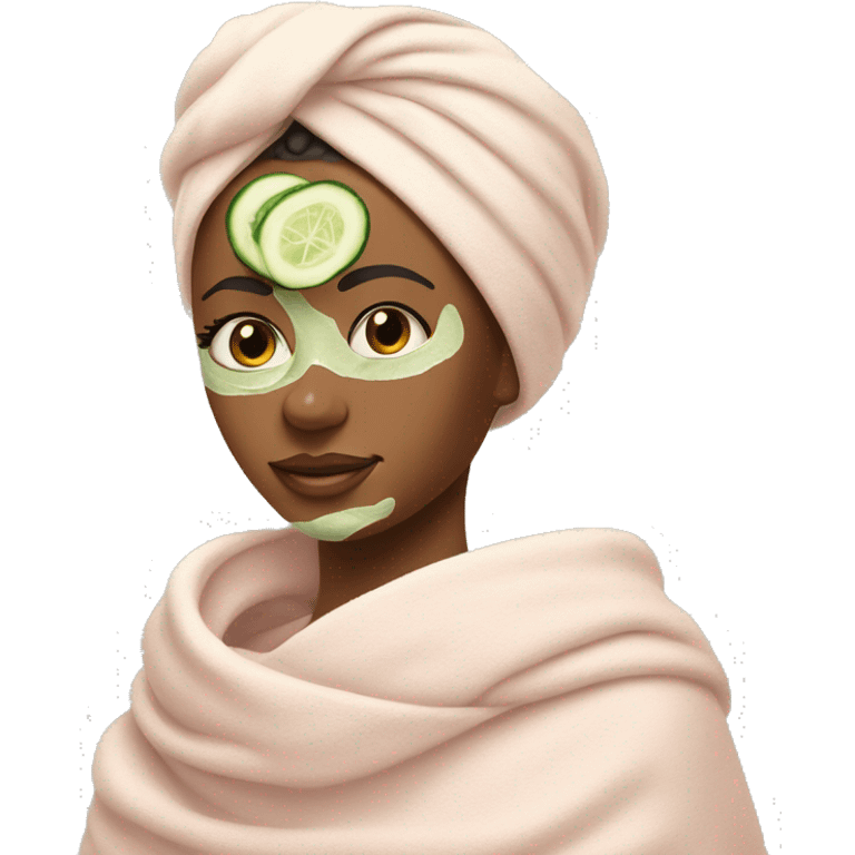 A serene face with an evenly applied green or pink clay mask and cucumber slices on the eyes and a towel wrapped up in her hair  emoji