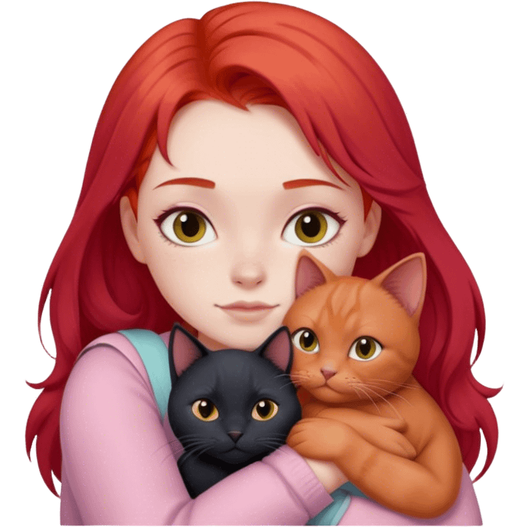 
a girl with red hair in pastel clothes hugs a black British cat emoji