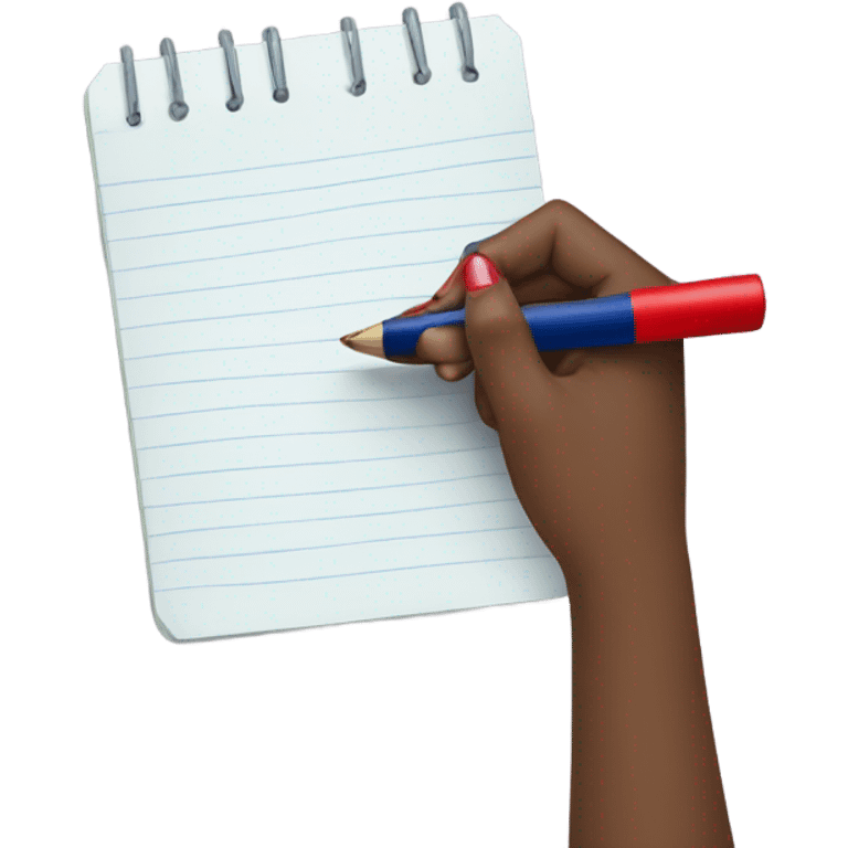 a female hand with a red manicure holds a dark blue notepad emoji