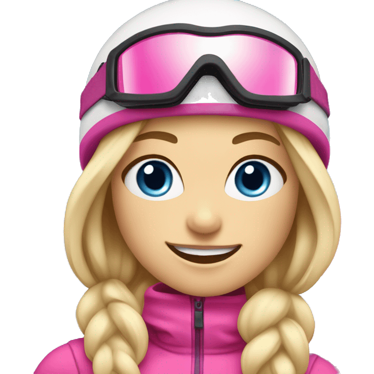 Skier girl with blonde hair blue eyes and pink gear show skis and legs  emoji