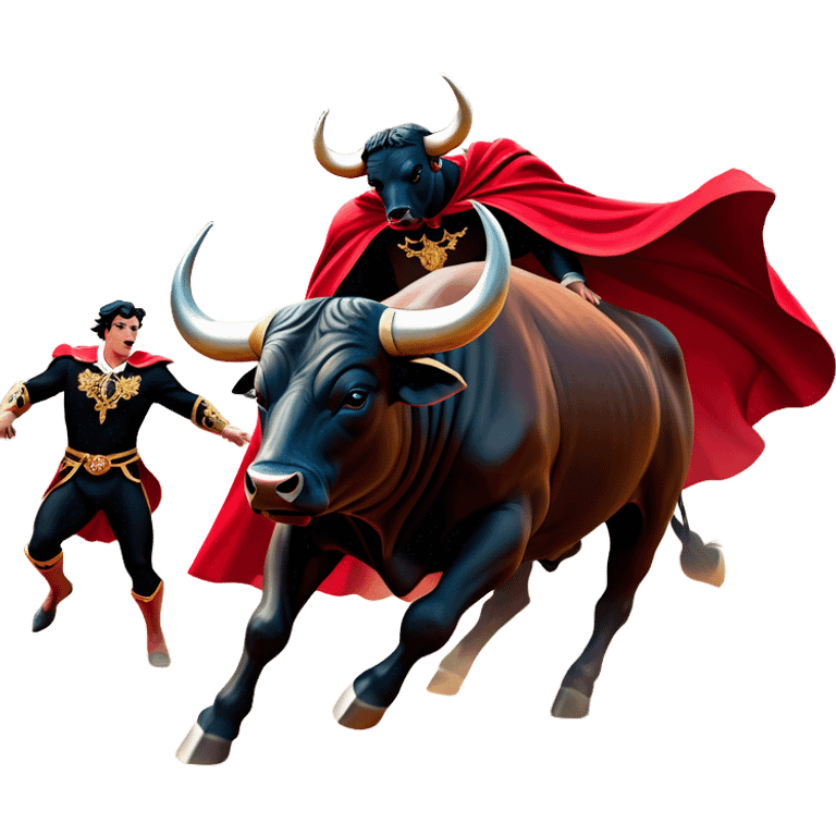 ​Cinematic Realistic black charging bull, against a matador depicted in a flowing red cape, captured in the dramatic moment of confronting a charging bull in a traditional bullring, rendered with dynamic motion and dramatic lighting that encapsulates the intensity and artistry of the spectacle, emoji