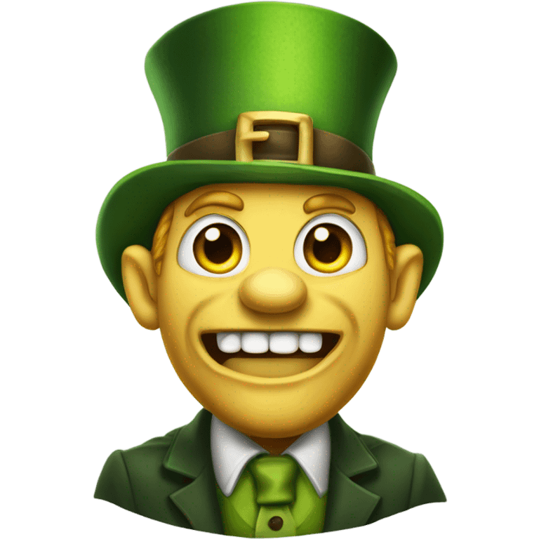 Leprechaun with laughably crossed eyes and an open mouth with crooked teeth. Just one yellow skin. Eyes more crossed. Whole body cross the eyes.  emoji