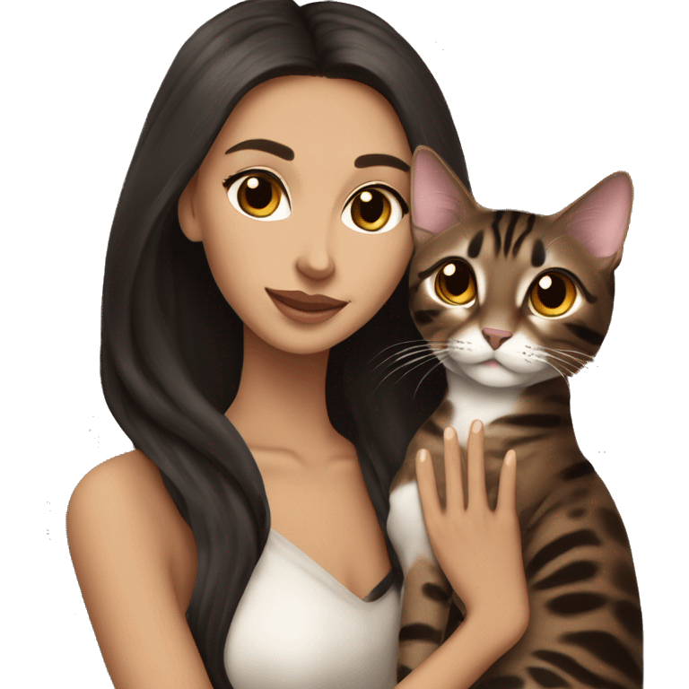 Beautiful skinny woman long dark brown hair in dark dress hug bengal cat emoji