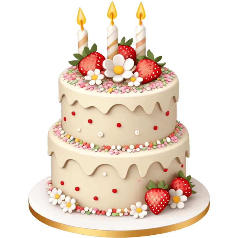 Layered aesthetic beige and white birthday cake with buttercream frosting flowers and sprinkles and strawberries, 3D emoji