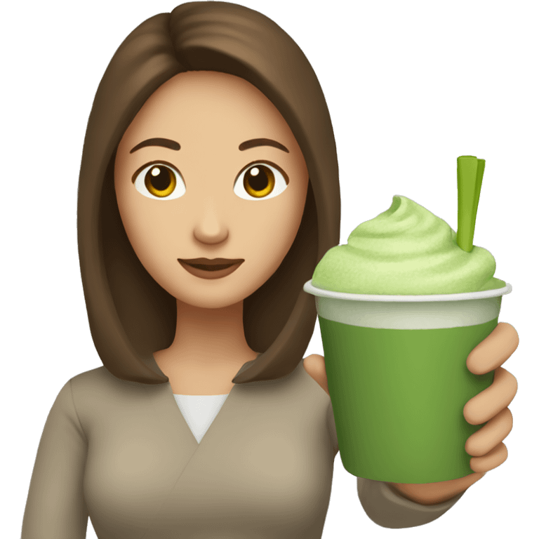 Woman with brown hair holding matcha in arm emoji