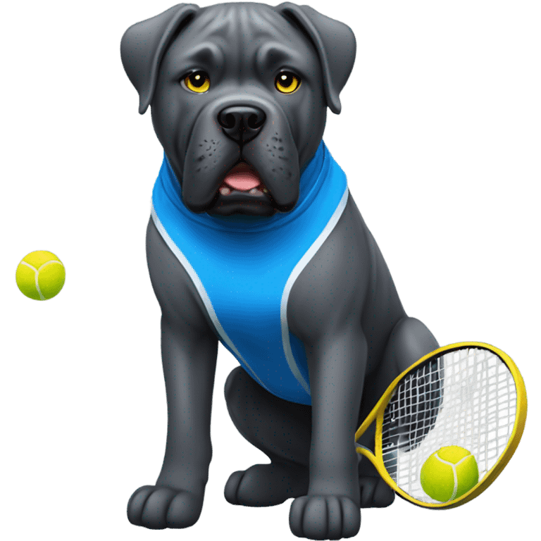 Blue and gold Cane Corso playing tennis. emoji