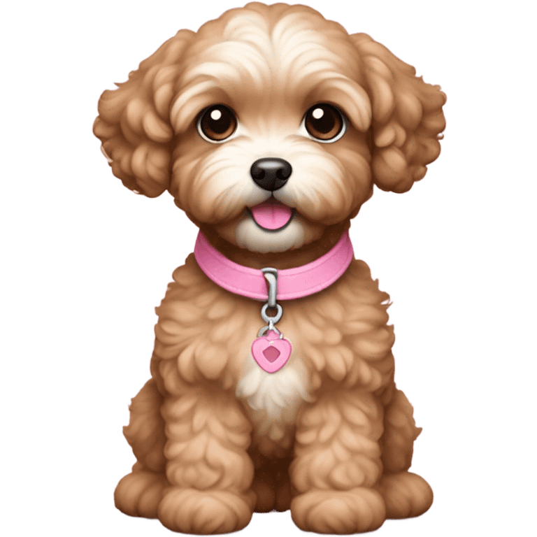 Brown colored maltipoo puppy feminine with pink collar emoji