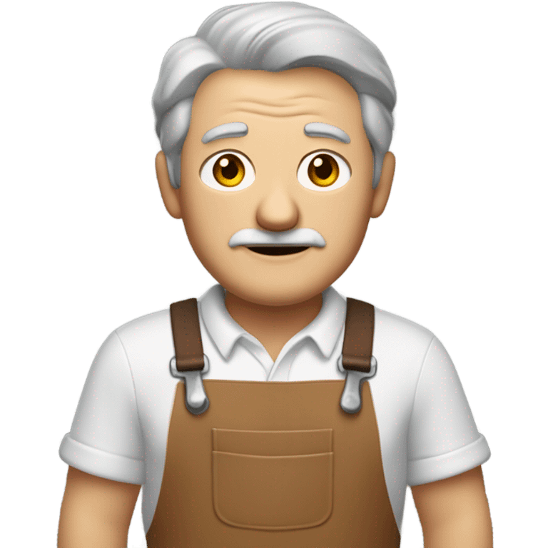 "A older man with rough hands, short light brown hair, and a friendly, naive expression. He wears a work apron over simple clothes and holds a hammer or wood in a rustic workshop." emoji