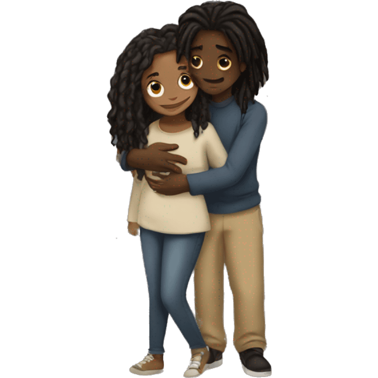 Brown girl with wavy hair hugging black boy who has dreads  emoji