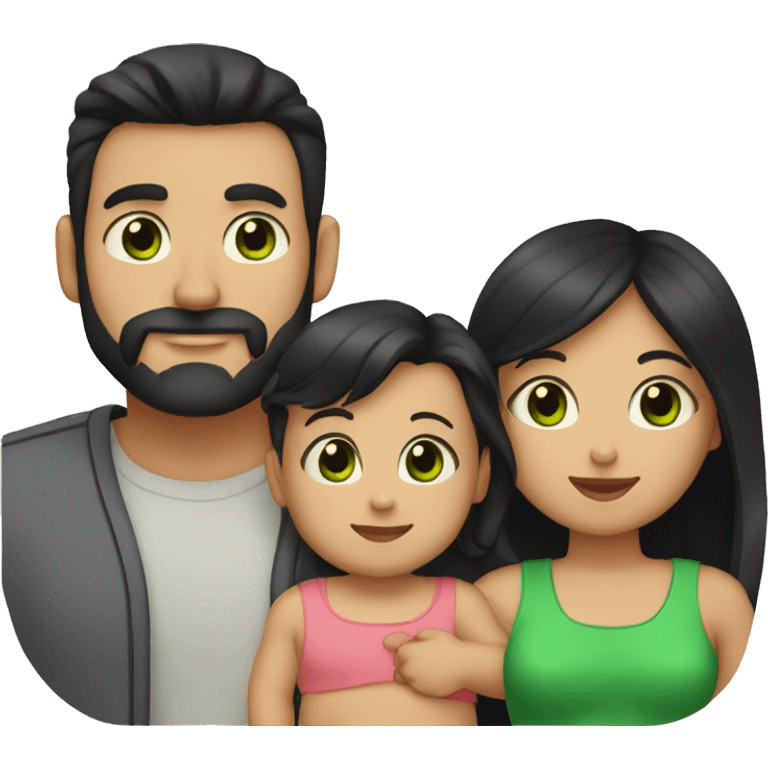 dad with black beard, white skin mom with long straight black hair and green eyes, and small baby with black hair emoji