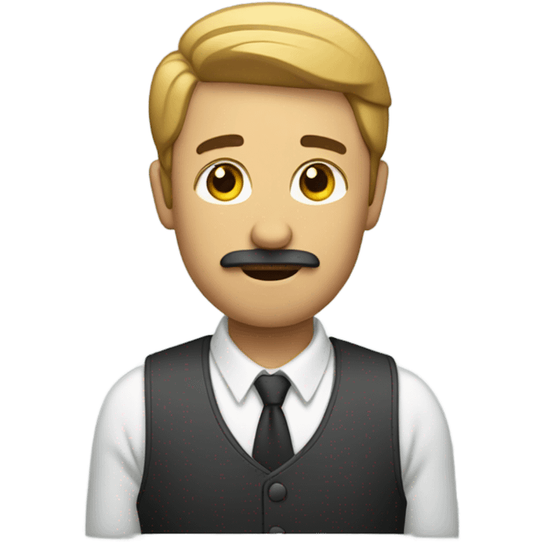 man with short mustache lifting his hand straight with in a 45 degree angle emoji