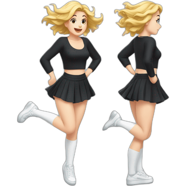 full-body-caucasian-curvy-beauty-jumping-short-black-skirt-back-and-front-views-strong-wind-white-knickers-long-white-socks emoji