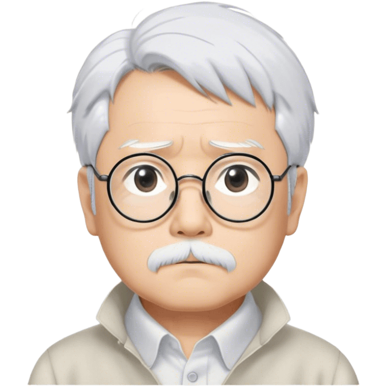 ​Cinematic Realistic Portrait of Hayao Miyazaki, depicted with striking white hair, defined black eyebrows, and large rectangular glasses, his thoughtful expression rendered in lifelike detail against a background of whimsical Studio Ghibli-inspired sketches, illuminated with soft, realistic lighting that emphasizes his creative genius, emoji