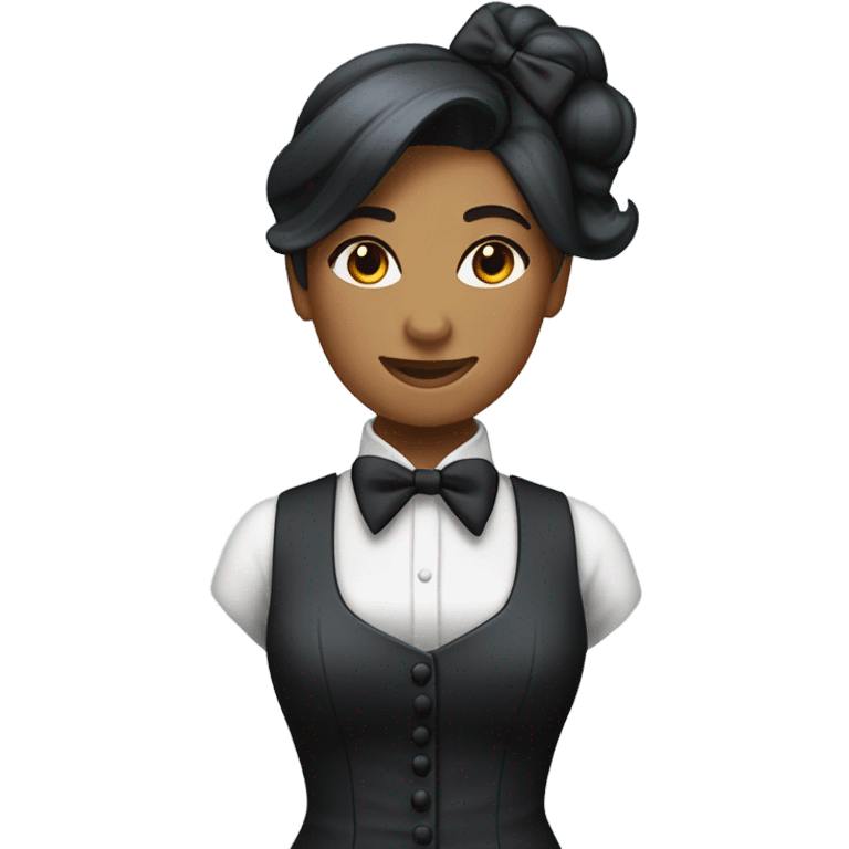 a female butler with a professional and elegant demeanor. She has her hair neatly tied in a ponytail and wears a classic butler uniform, including a tailored vest, crisp white shirt, and bow tie. emoji