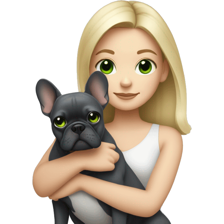 A blonde girl with green eyes with a square hugs a dark gray French bulldog emoji