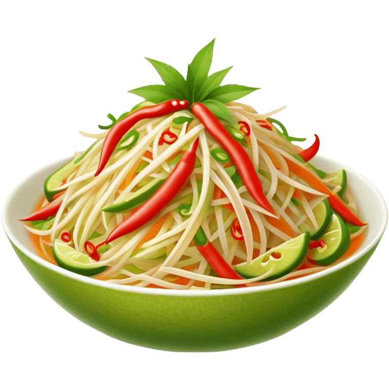 Cinematic Realistic Som Tam (Papaya Salad) Dish Emoji, featuring a spicy, tangy salad of shredded green papaya with chili and lime rendered with crisp textures and bright, lively lighting. emoji