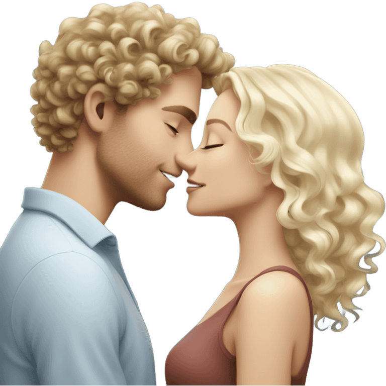 White Blonde guy with slim face and curly hair and beautiful blue eyes kissing happy white brunette girl   emoji