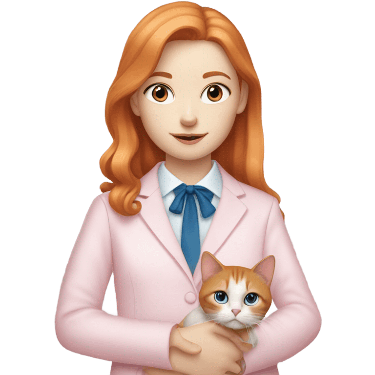 A ginger pale girl with blue eyes wearing a light pink long sleeve shirt holding a tuxedo cat with a pink nose emoji