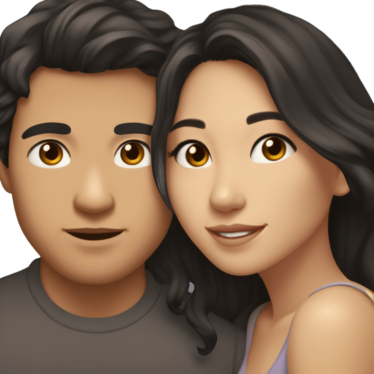 A half pale Asian man with short dark hair and amber eyes embracing and loving a half Asian woman with long wavy dark hair and dark hazel eyes. They love each other a lot And have good fashion taste. And are having a lot of fun emoji