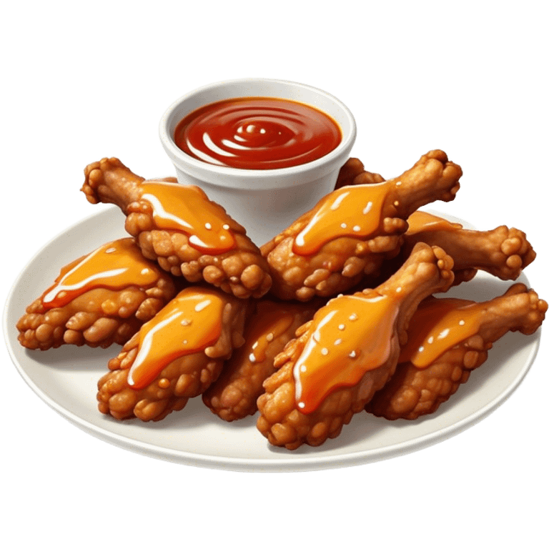 Cinematic crispy chicken wings, golden-brown and glazed with spicy sauce, crunchy coating, juicy inside, piled high with dipping sauce on the side, ultra-realistic and mouthwatering, inviting and bold. emoji