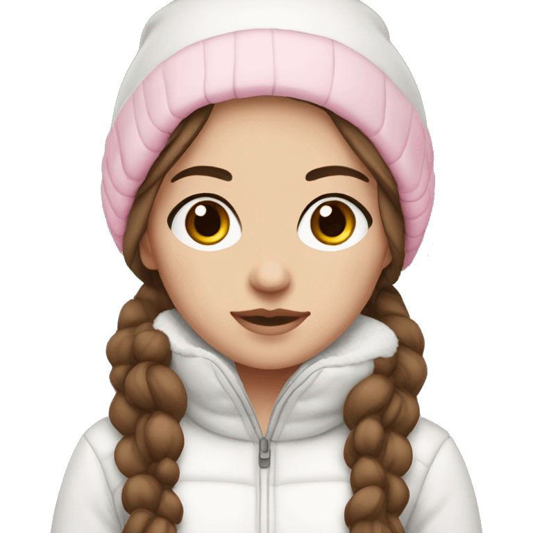 white girl with brown hair and black eyes wearing a white and pink winter outfit emoji