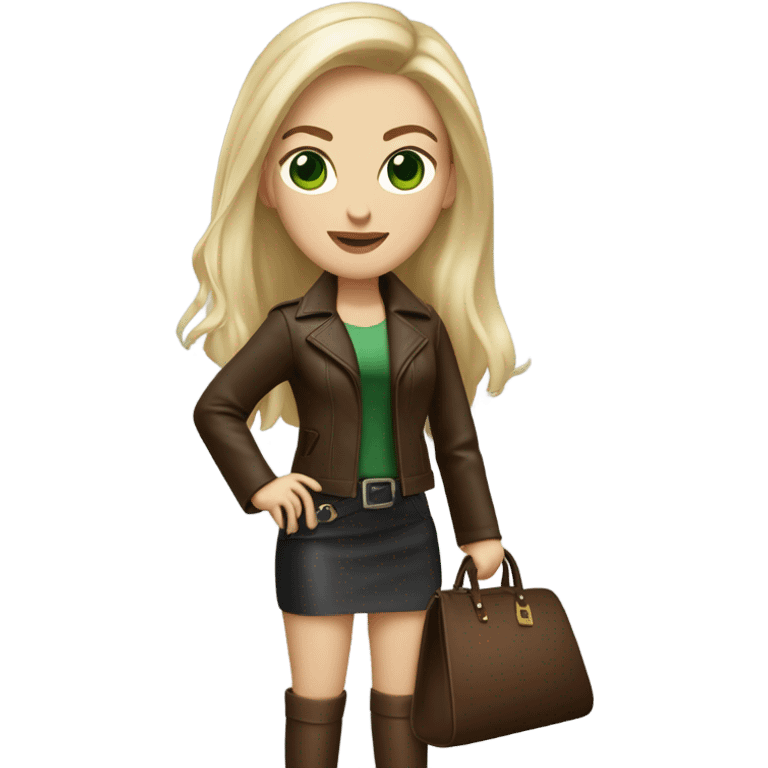 Realistic White woman with Long straight blonde hair and green eyes, dark Brown oversize leather jacket, mini skirt and Brown heeled leather boots, holding handbag emoji