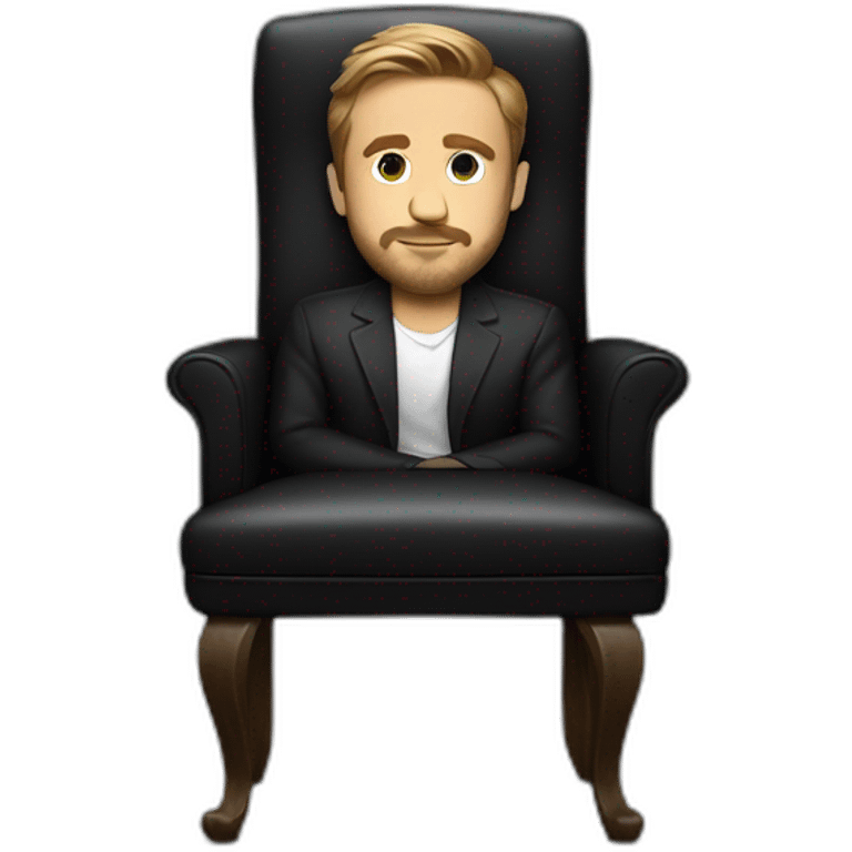 Ryan Gosling sits on a black chair with a very calm face in full height emoji