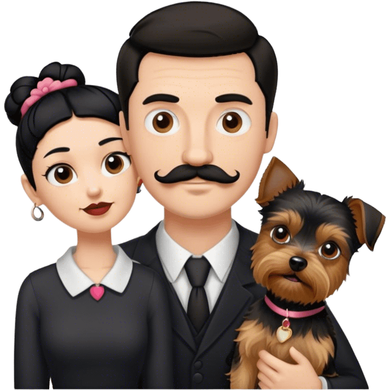 Tall pale guy with dark hair mustache goatee, and short woman with black hair bun, and a yorkshire terrier dog emoji