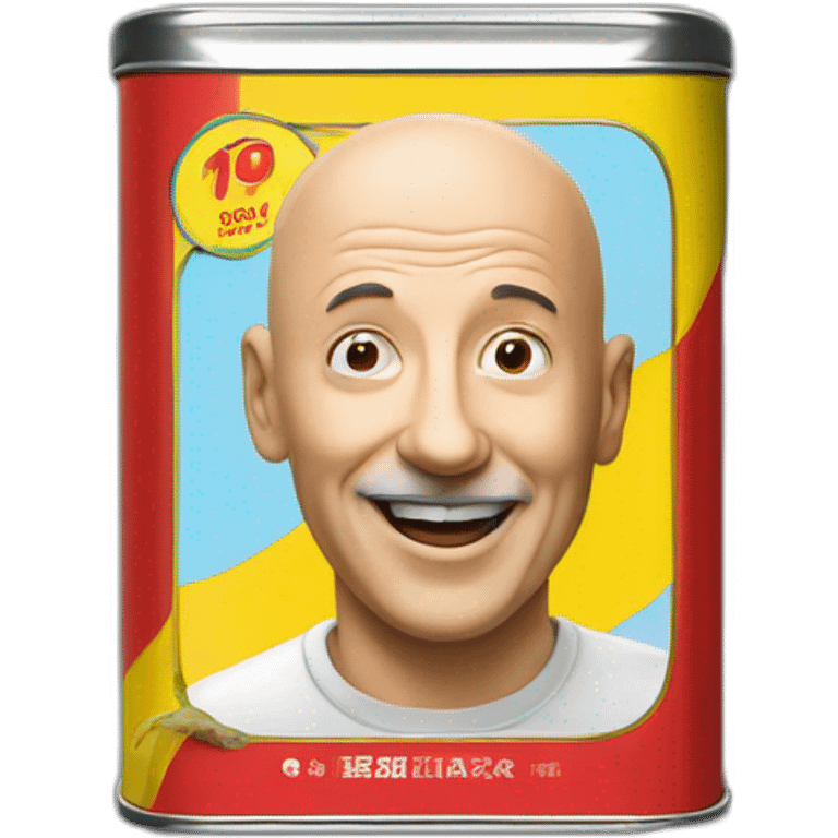 rectangular tin of anchovies with a photo of a bald man on the side, red blue yello colors emoji