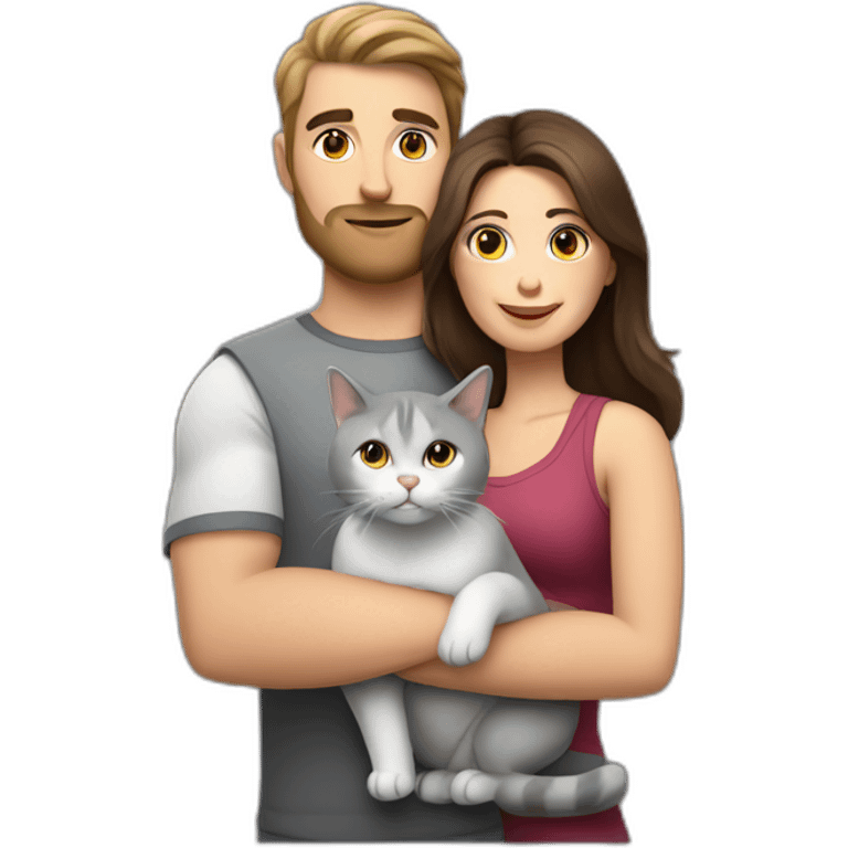 white brun man and brunette woman with a fat gray cat in their arms emoji