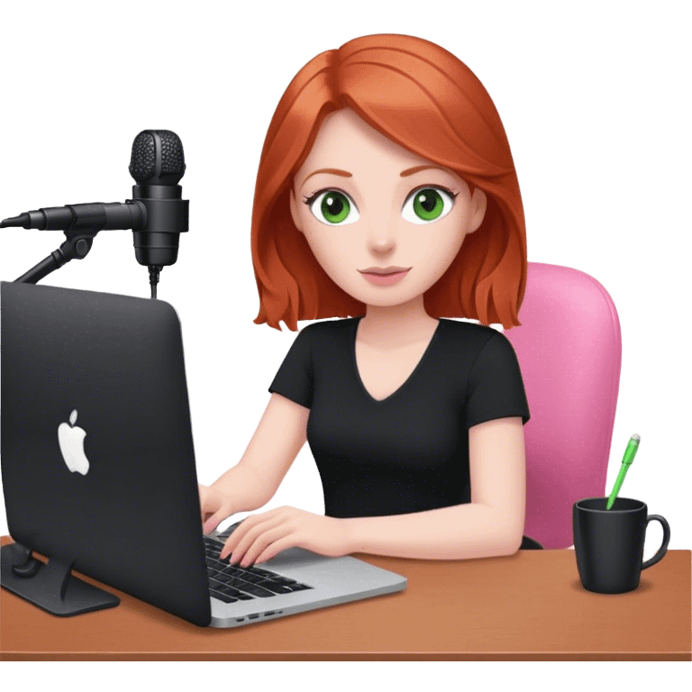 Redhead with green eyes sat at desk with pink MacBook and  podcast microphone black top and pink chair  emoji