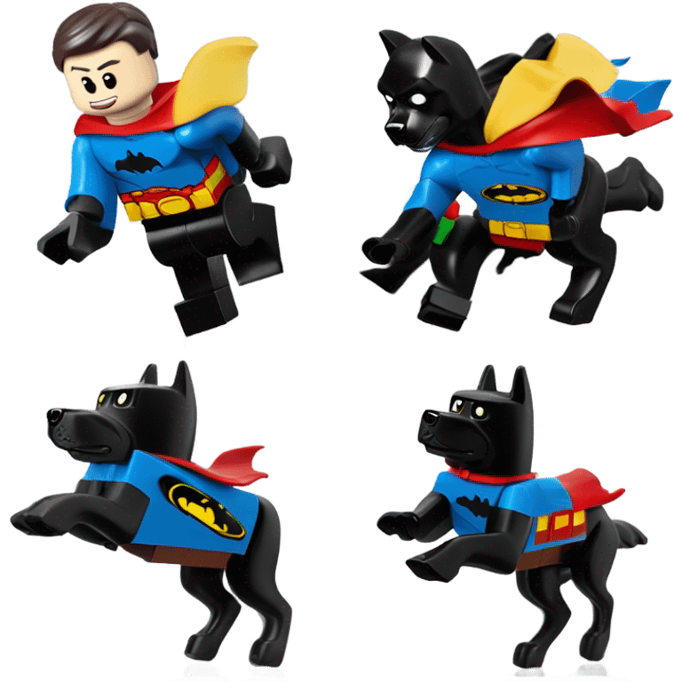 Lego Batman riding a Black lab chasing Superman  emoji