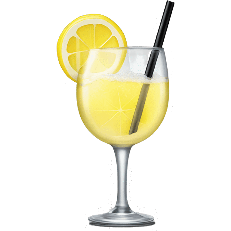 clear short glass with super light yellow bubbly liquid in it with a lemon garnish and salt around the rim with a little black straw emoji