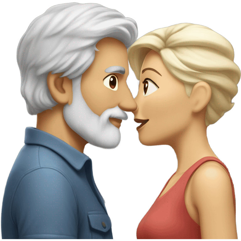 Handsome greying man with long hair and beard kissing blond athletic woman with pixie cut emoji