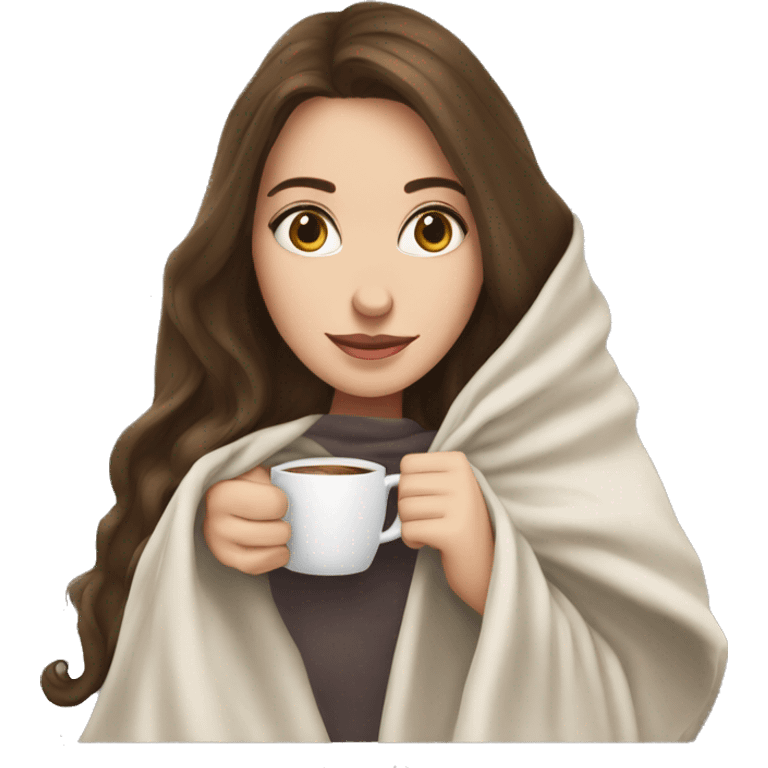 brunette white girl under blanket with coffee cup emoji