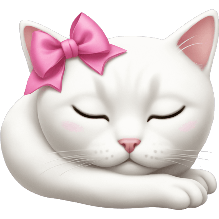 White cat sleeping with pink bow on head emoji