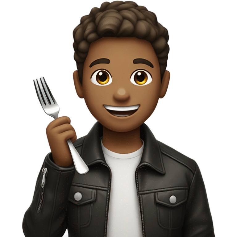 smiling boy in leather jacket eating a steak emoji