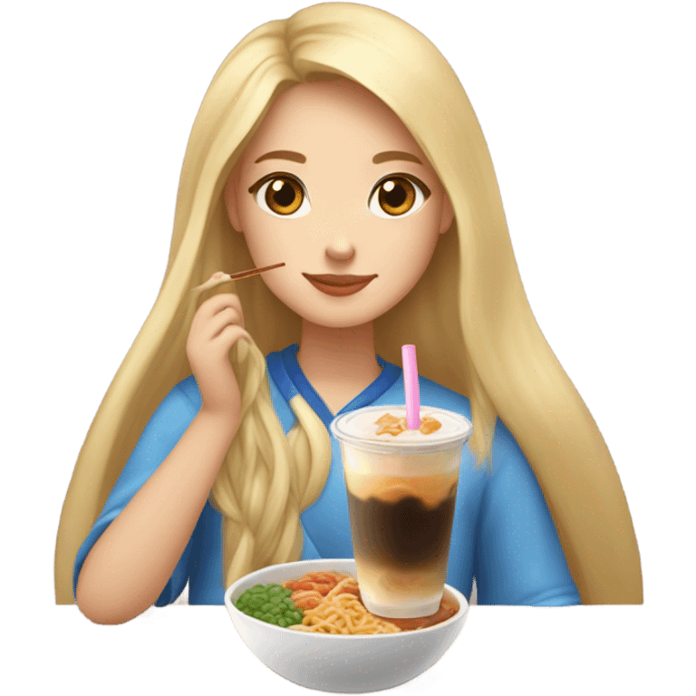  Blonde long hair girl eating Korean food and drinking boba emoji