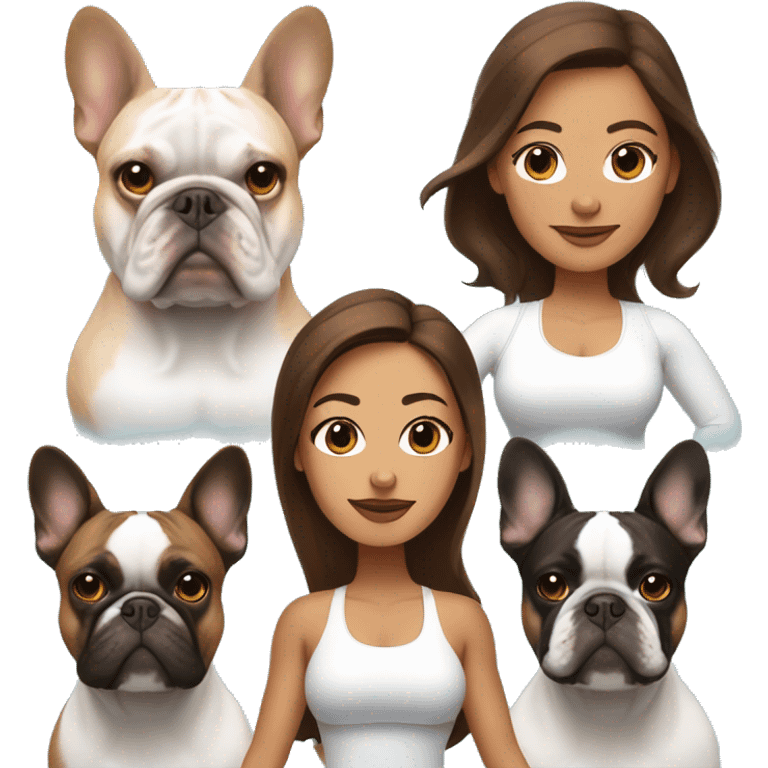 latin women with long brown hair in yoga outfit standing alongside two french bulldogs  emoji