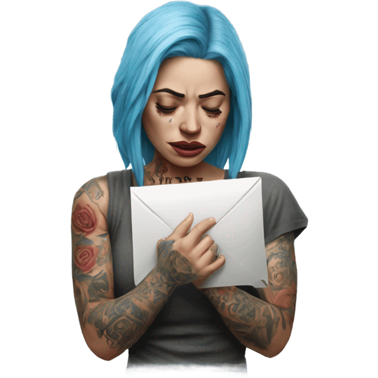 Hyper Realistic Beautiful tattooed woman crying holding a letter  emoji