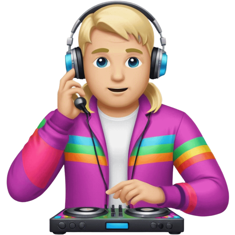 blond big man in colorful dj outfit calling emoji