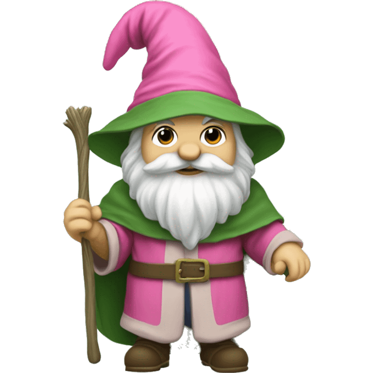 a gnome in a green cloak, a sage's hat and a pink net in his hand. emoji