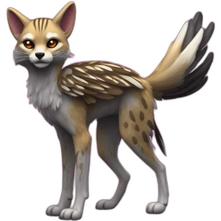 Coyote ocelot standing with grey and black fur and phoenix wings on back and pink ears half skeleton, neon lights emoji