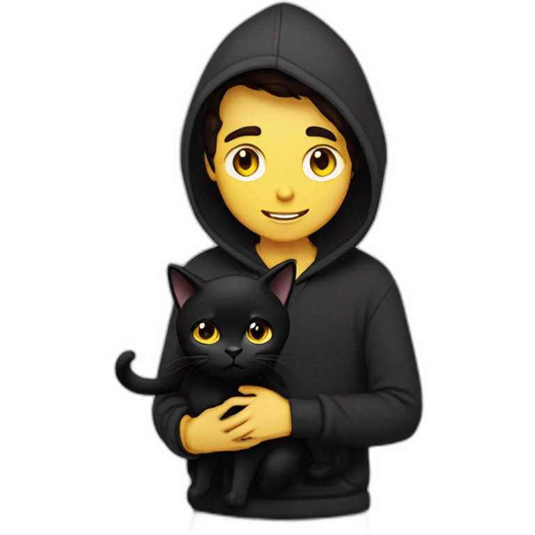 Guy with dark brown hair curtains  hairstyle and brown eyes wears black hoodie hugs a black cat with yellow eyes emoji