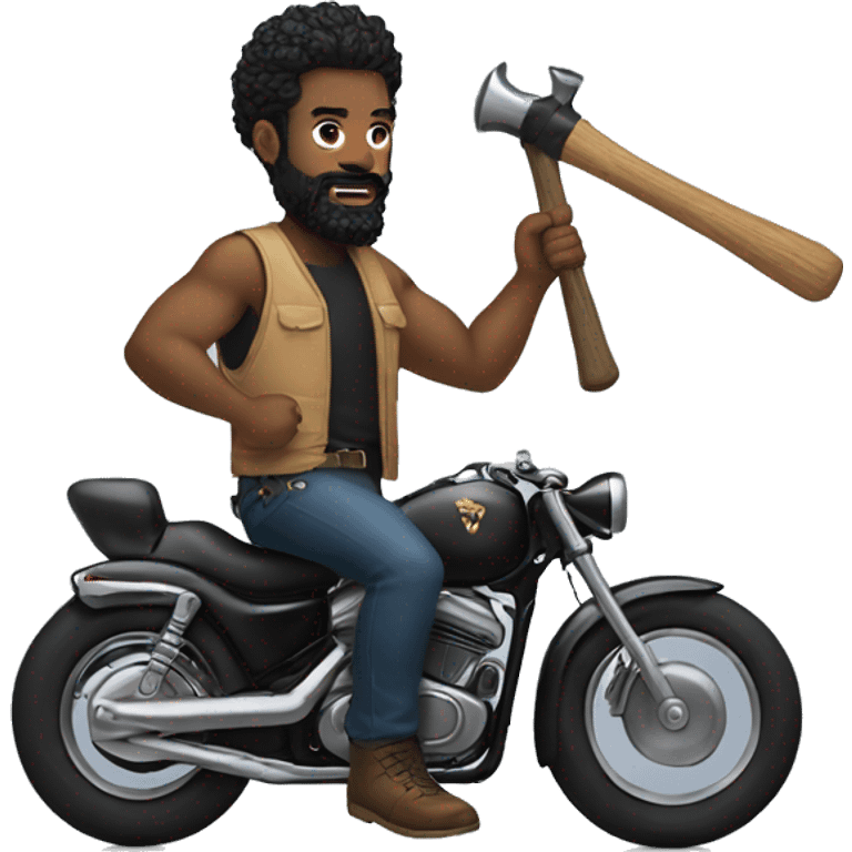 a black man has black beard, black mohawk hair, rides a hog, and hammer in his hand emoji