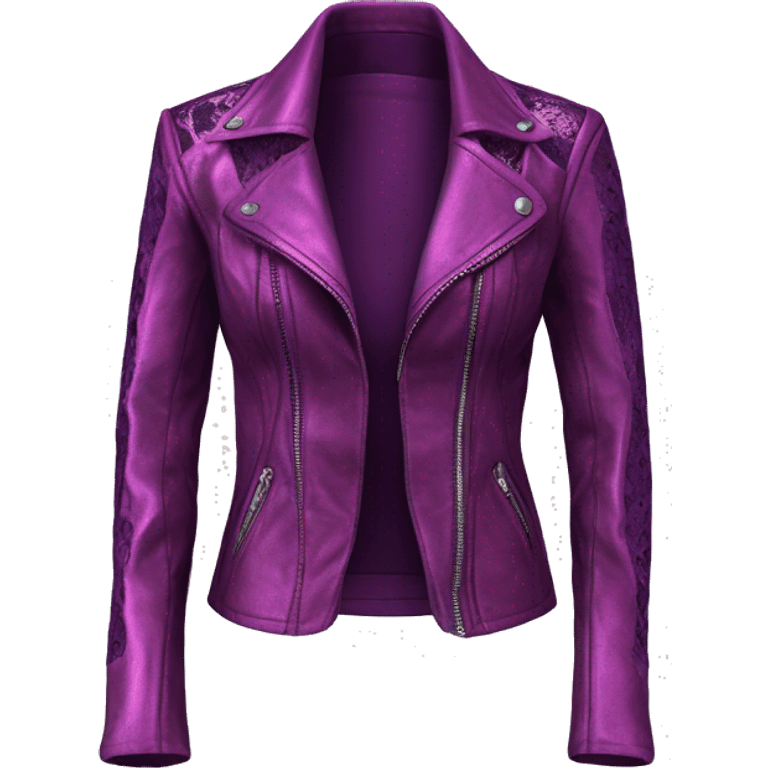 Realistic isolated side view of a metallic magenta open leather jacket with a purple lace camisole underneath it. emoji