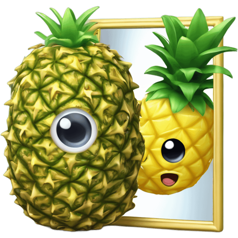 3D elegant pineapple🍍  with big shiny eyes 👀 pineapple holds mirror with its reflection 🪞🍍 emoji