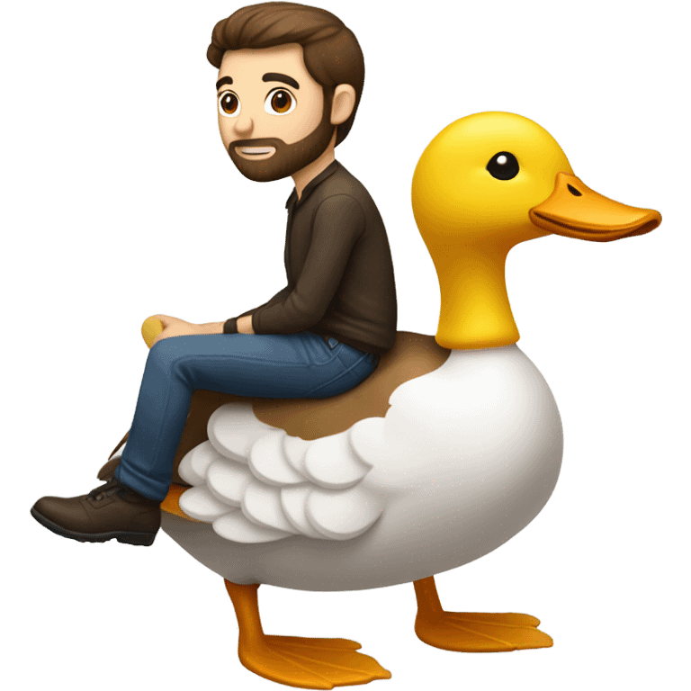 White Man with dark brown hair and a short beard riding on the back of a giant duck emoji