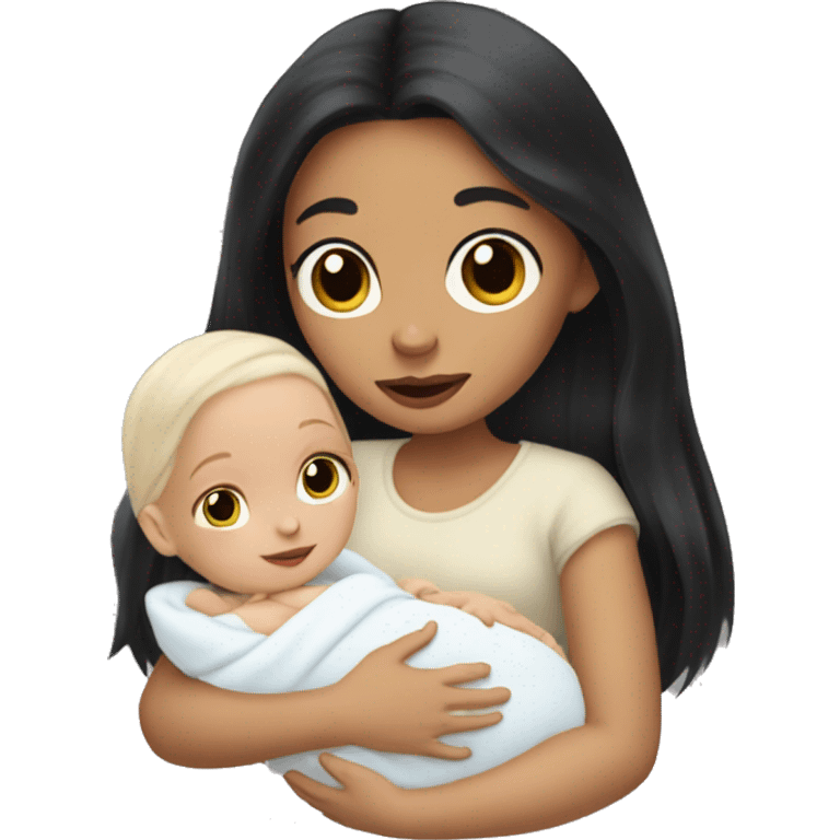 Pale girl with long black hair is holding a pale newborn baby emoji