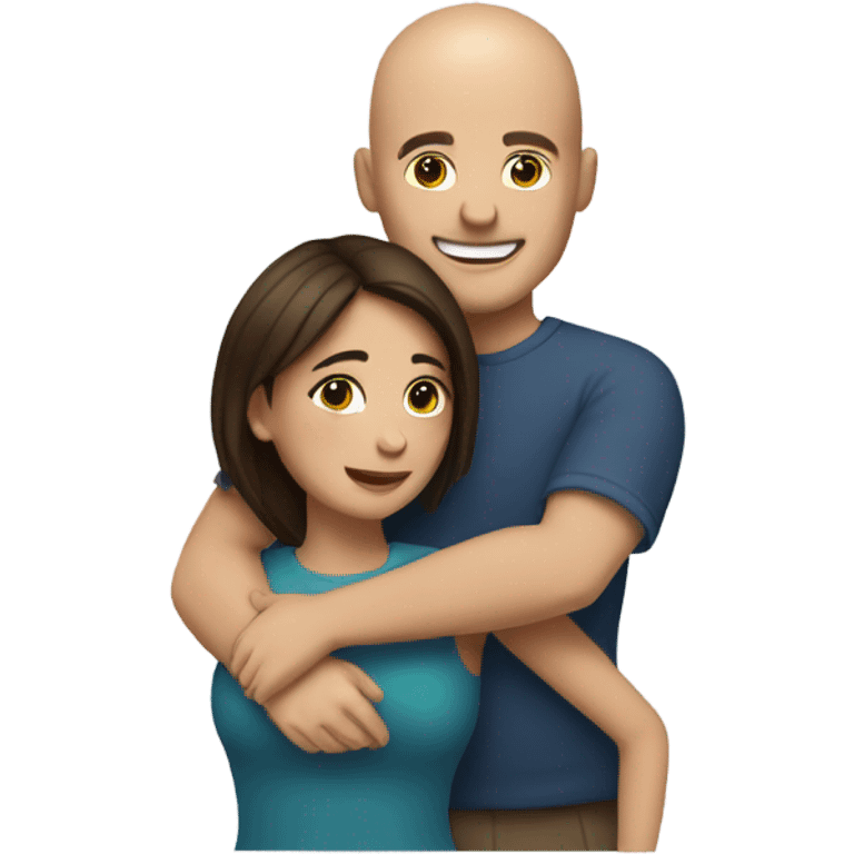 Comforting hug from brunette female to shorter bald male emoji